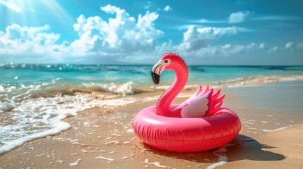 Inflatable pink flamingos on the deserted sand beach.