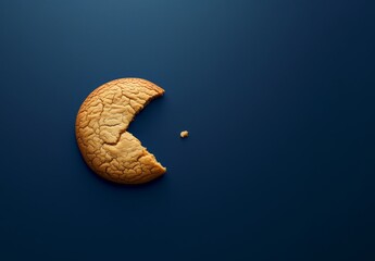 Large cookie trying to eat a small crumb against indigo background. Diet, eating conceptual flat lay - 777620706