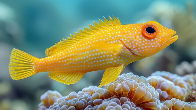   A tight shot of a vibrant yellow fish against a backdrop of intricate corals and neighboring sea anemones