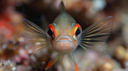   A tight shot of a fish displaying vibrant red, yellow, and blue hues on its face and body