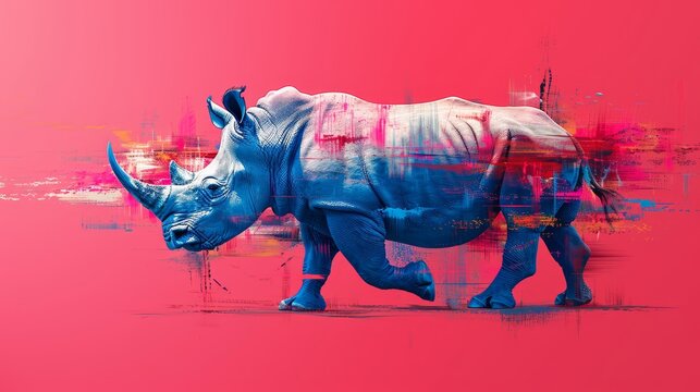   A rhino painting against a backdrop of red and blue, featuring a splash of paint on its body