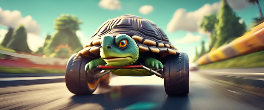 A cute cartoon turtle racing in an off-road car, with the head and shell of a turtle. It is running on land.