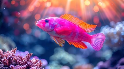   A tight shot of a fish swimming near corals in the foreground, accompanied by a sunburst backdrop