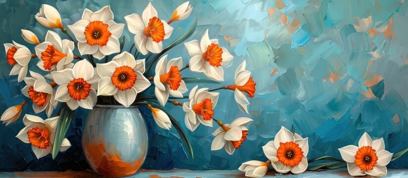 A vibrant painting showcasing white and orange Narc flowers arranged in a vase, depicted with attention to detail and color.