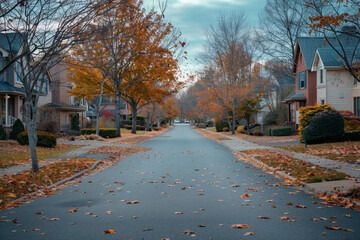 A street with houses on both sides and a lot of leaves on the ground