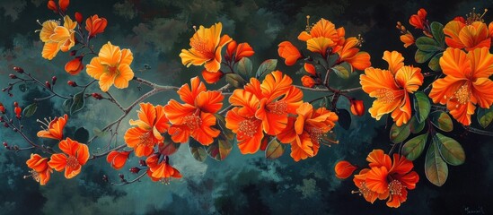 A painting of vibrant orange flowers on a black background, showcasing a branch in full bloom.