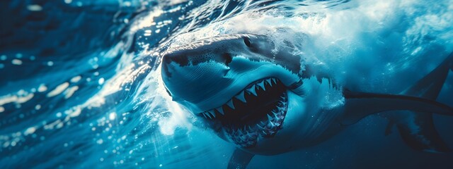 A shark or Megalodon the blue water in a marine ocean.