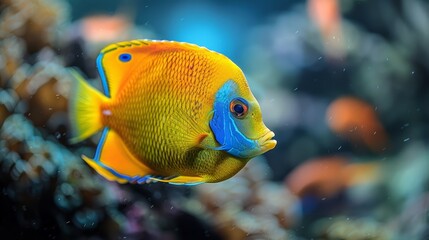   A tight shot of a vibrant blue-yellow fish against a backdrop of intricate corals and crystal-clear water