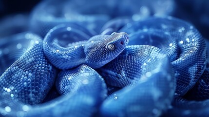   A tight shot of a blue snake atop a mound of blue plastic, ensnaring its head - obrazy, fototapety, plakaty