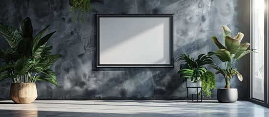 A room featuring a mirror, potted plants, and a window. The dark grey smooth wall serves as a backdrop, with a black picture mockup hanging on it.