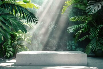 White product presentation podium with tropical plants.