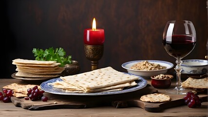 A Passover seder feast including red kosher wine, white matzah, or matza on an antique wood backdrop with text space