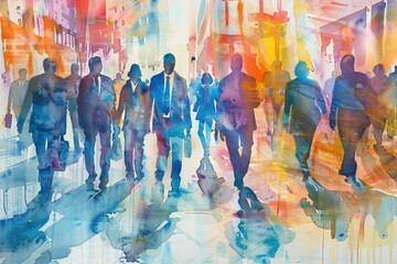 Crowd of business people walking, watercolor painting.