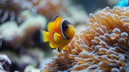   A tight shot of a clownfish near coral, anemones present both in the foreground and background