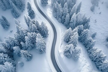 Aerial view of windy road in snow covered forest.