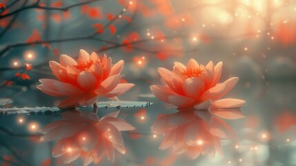   Two water lilies drift atop a reddened body of water, adjacent to a tree with crimson leaves