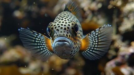 Naklejka na ściany i meble A smiling fish in close-up, gazing at the camera from an aquarium