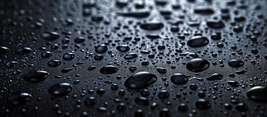 Close-up view of multiple water droplets resting on a smooth black surface, reflecting light and creating a striking contrast.