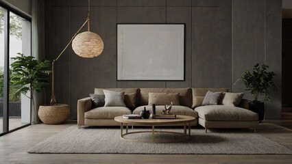 living room interior,White square pillow on white sofa,Modern white designer sofa on legs with cushions on grey carpet in middle of minimalistic living room with high ceiling
 - obrazy, fototapety, plakaty