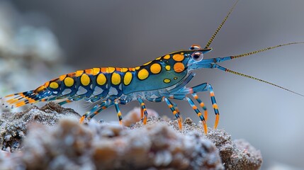   A detailed view of a blue-and-yellow insect with orange markings on its body and limbs, perched on a rock