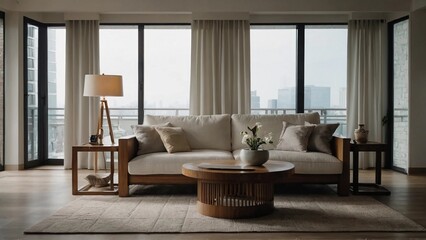 living room interior,Sofa with coffee table by window in living room,White square pillow on white sofa
