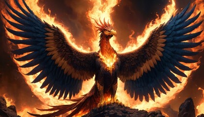 An imposing phoenix spreads its wings amidst flames, symbolizing rebirth and power, set against a fiery backdrop. - obrazy, fototapety, plakaty