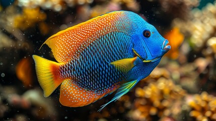   A tight shot of a vibrant blue-yellow fish among corals, with coral formations in the background
