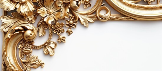 Detailed view of an ornate gold frame adorned with intricate floral and leaf designs. - obrazy, fototapety, plakaty