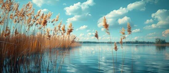 A painting depicting a lake with tall reeds in the foreground, capturing the beauty of nature in a serene setting.