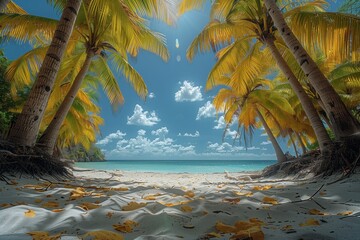A beautiful painting of a tropical beach featuring palm trees and leaves scattered on the sandy shore, with the blue sky and fluffy clouds in the background - obrazy, fototapety, plakaty