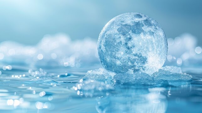   Close-up of water surface with large ice ball floating Blue sky background