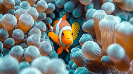 Fototapeta na wymiar A tight shot of an orange-white clownfish inside a sea anemone Surrounding anemones populate the area