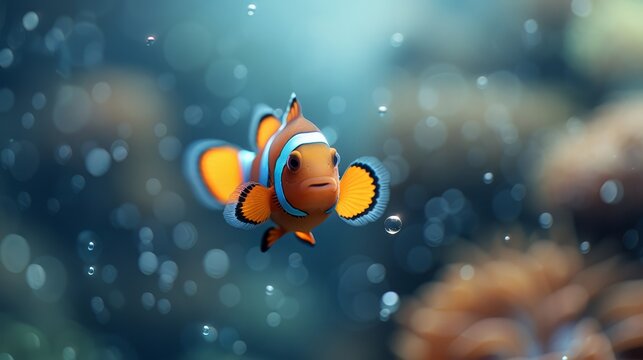  A clownfish with bubbles at its head in an aquarium Its orange body hosts another clownfish midway