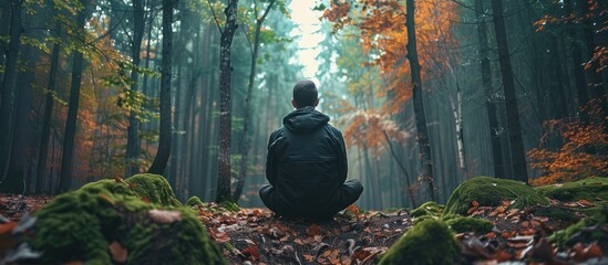 A man sits in the center of a forest, gazing up at the sky surrounded by trees and greenery.