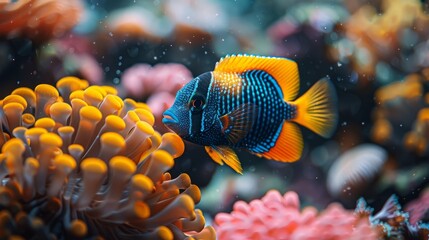   A tight shot of a vibrant blue-yellow fish near corals, surrounded by additional corals in the background