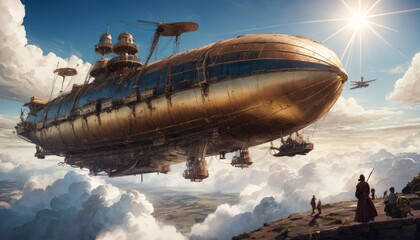 A colossal airship glides over a breathtaking landscape of cloud-wreathed peaks, radiating the spirit of adventure and discovery