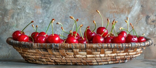 A wicker basket brimming with ripe cherries placed on a wooden table. - Powered by Adobe