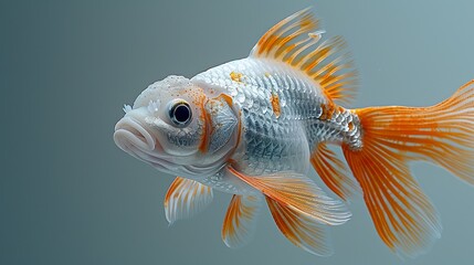   A close-up of a goldfish in a tank against a light blue background