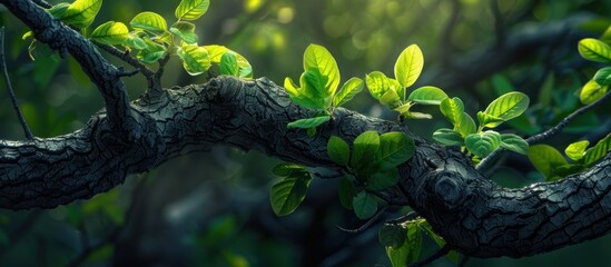 A detailed view of a tree branch covered in fresh, green leaves.