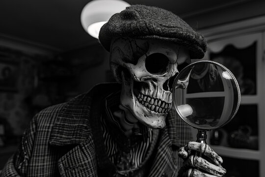 A skeleton wearing a hat and holding a magnifying glass