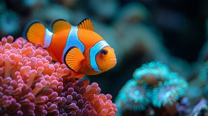 Naklejka na ściany i meble A clownfish, orange and blue, rests atop an orange-pink sea anemone in an aquarium