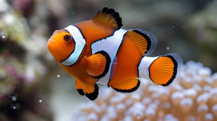   A tight shot of a clownfish near corals amidst clear water in an aquarium