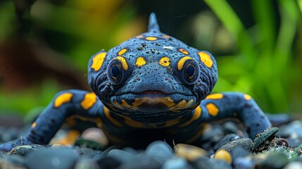   A tight shot of a blue-and-yellow amphibian featuring yellow speckles on its face and limbs Surrounded by verdant grass in the backdrop - obrazy, fototapety, plakaty