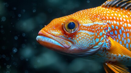   A tight shot of a fish against a black backdrop, sporting orange and white spots on its body