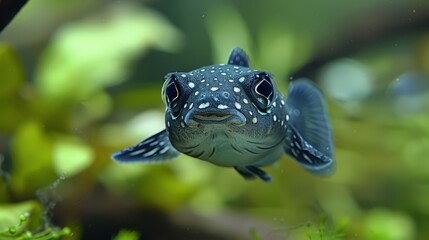  A tight shot of a fish with water beads on its face amidst a plant, the surroundings softly blurred