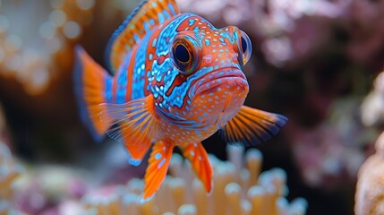   A tight shot of a blue-orange fish near corals; corals populate the background