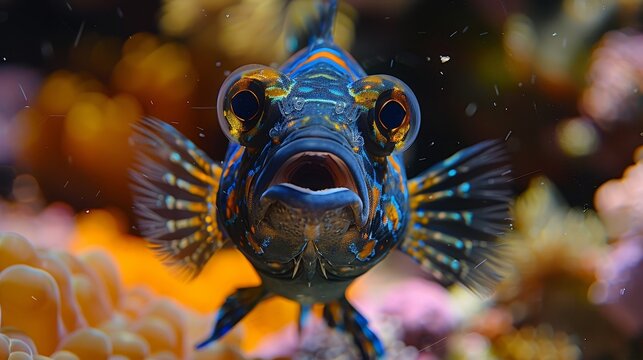   A tight shot of a blue-orange fish gapes with opened mouth and widened eyes against vibrant corals backdrop
