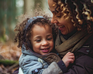 Obraz premium Mother and child in nature, candid moments of care and teaching