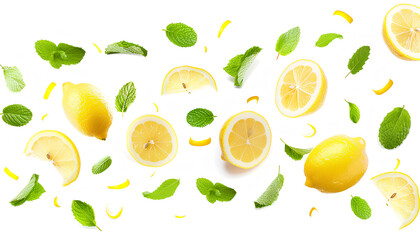 Fresh flying lemons and mint leaves isolated on white