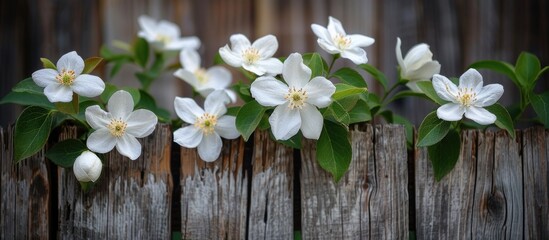 A group of white flowers blooming on top of a wooden fence.